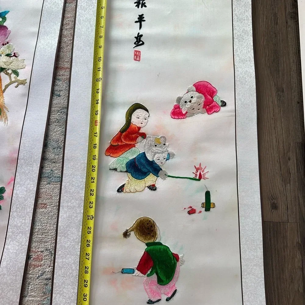 Vintage Chinese Silk Kesi Needlepoint Embroidered Tapestry Scroll 5 Panels Piece